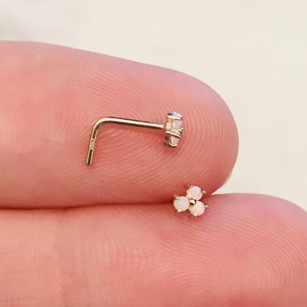 14kt Gold 3 Opal Nose L Bend 20G