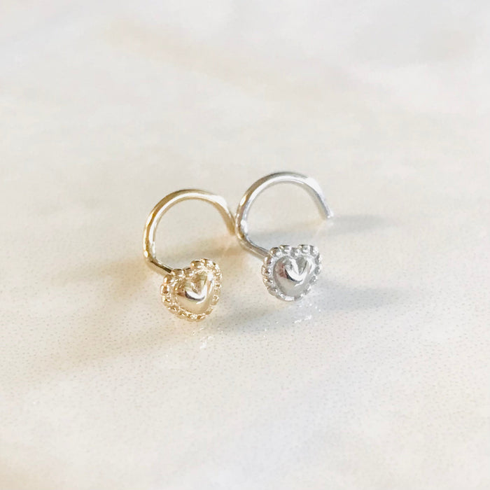 14kt Gold Beaded Heart Nose Screw 20G