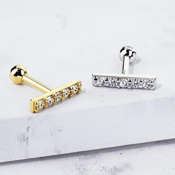 14kt Gold Gem Row Cartilage Bar 16G 6mm