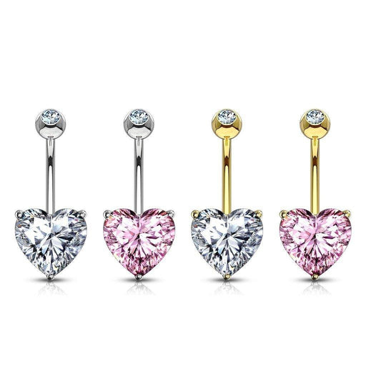 14kt Gold Heart Gem Belly Bar 14G