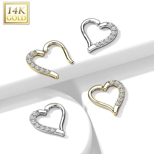 14kt Gold Paved Heart Hinged Daith Ring 16G