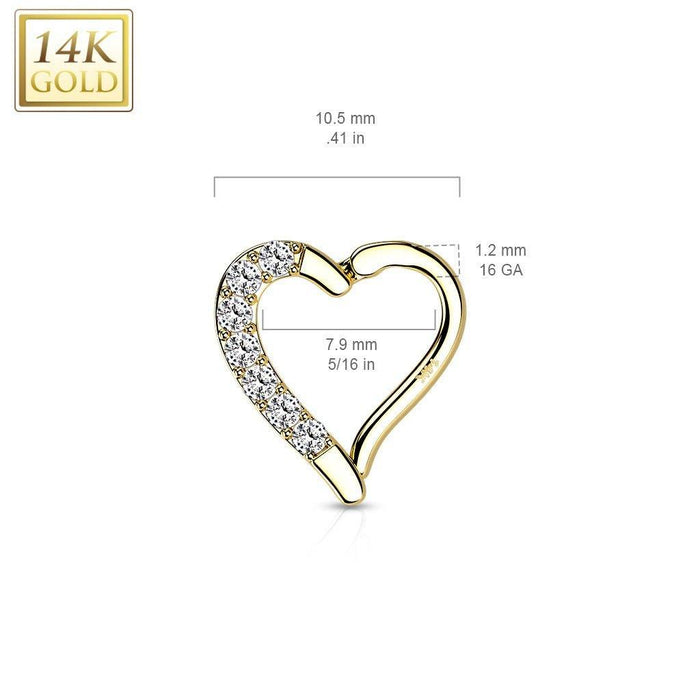 14kt Gold Paved Heart Hinged Daith Ring 16G