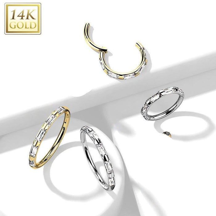 14kt Gold Side Baguette Hinged Ring 16G