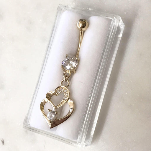 14kt Yellow Gold Double Heart Belly Bar 14G