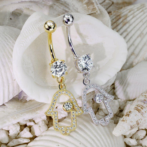 14kt Yellow Gold Hamsa Dangle Belly Bar 14G