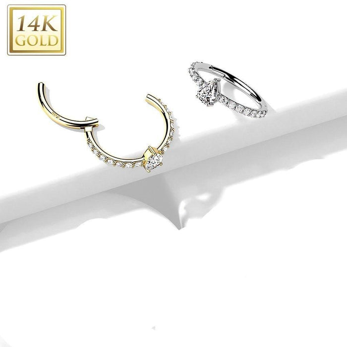 14kt Gold Side Paved Drop Hinged Ring 16G-My Body Piercing Jewellery