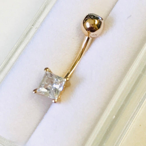 14kt Yellow Gold Square Gem Belly Bar 14G