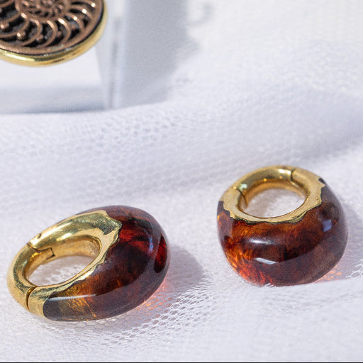 Epoxy Brass Drop Hanger Pair – Amber Coloured Epoxy with Brass Clicker Design on tulle background