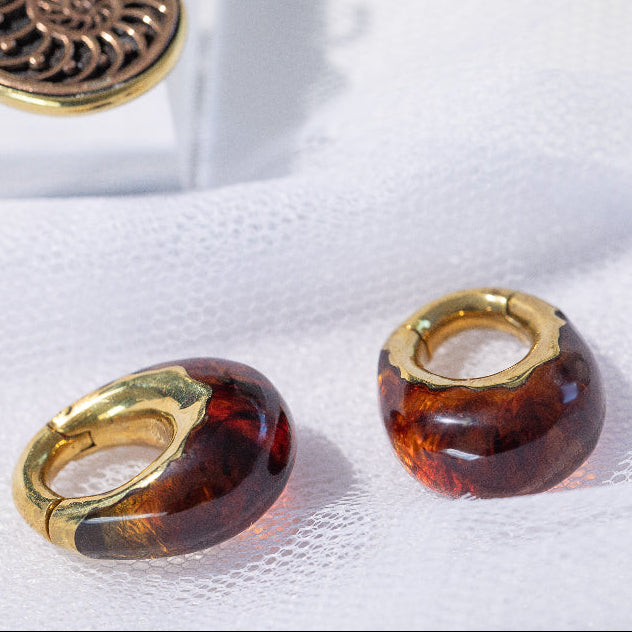 Epoxy Brass Drop Hanger Pair – Amber Coloured Epoxy with Brass Clicker Design on tulle background