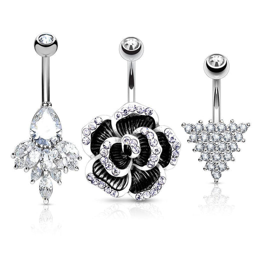 3pc Flower Sparkle Belly Bars 14G