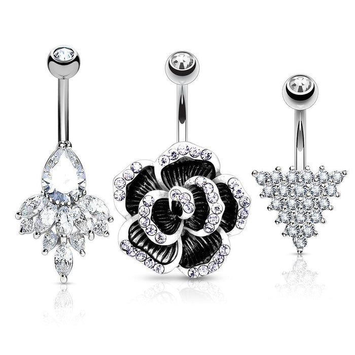 3pc Flower Sparkle Belly Bars 14G