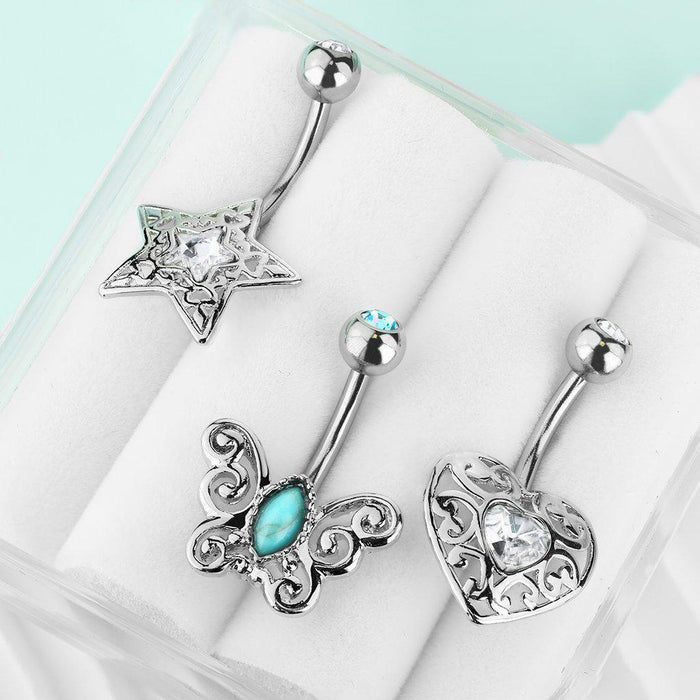 3pc Star Heart Butterfly Belly Bars 14G