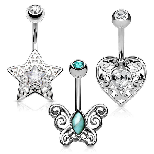 3pc Star Heart Butterfly Belly Bars 14G
