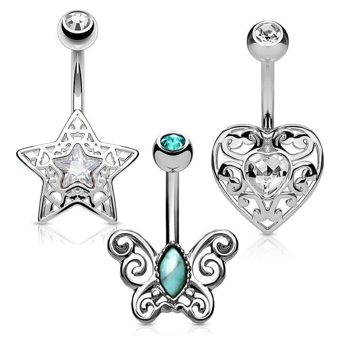 3pc Star Heart Butterfly Belly Bars 14G