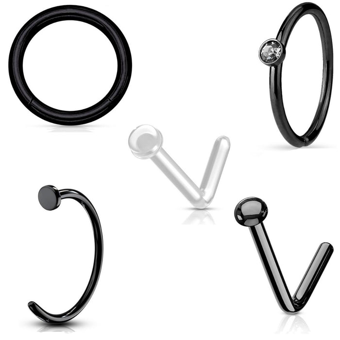 Set of black nose rings on a white background