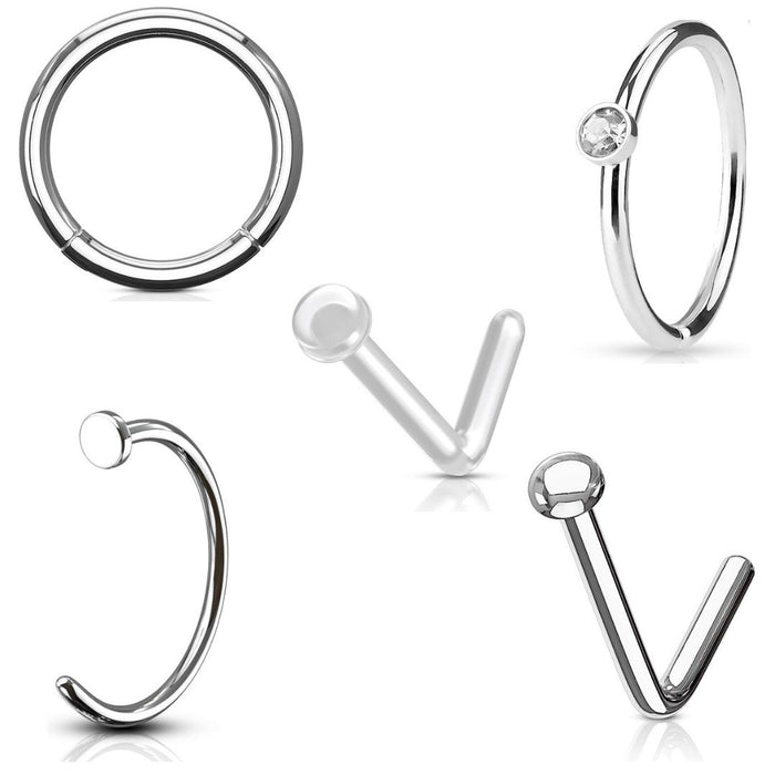 Set of silver nose rings on a white background