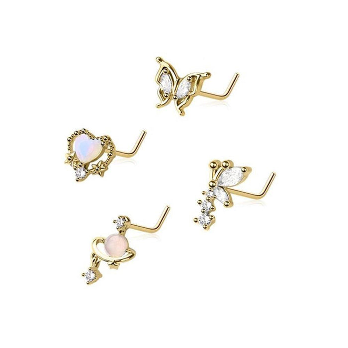 4pc Nose L Bend 20G Butterfly & Heart