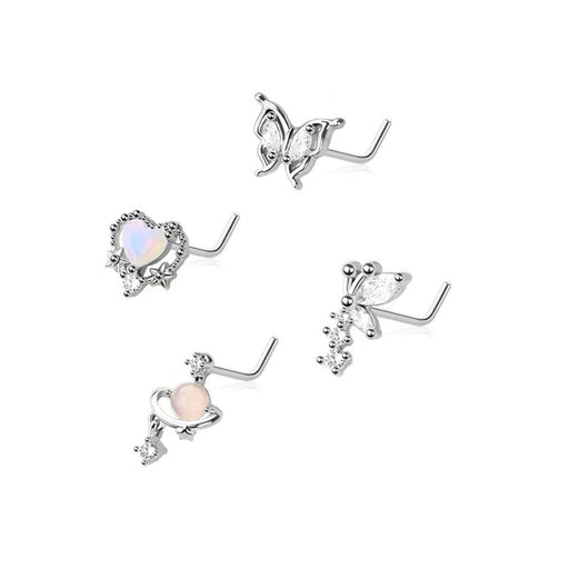 4pc Nose L Bend 20G Butterfly & Heart
