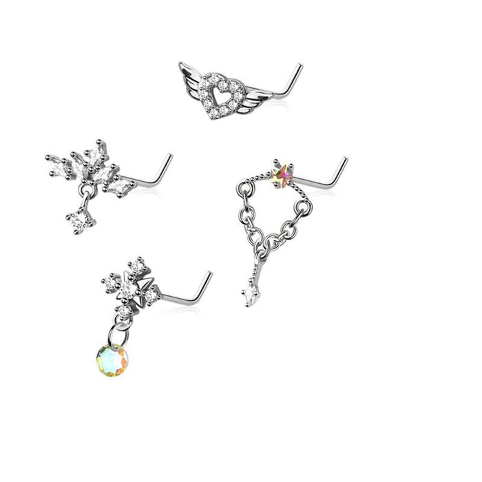 4pc Nose L Bend 20G Heart & Chain