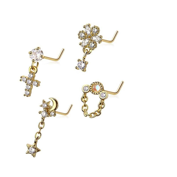 4pc Nose L Bend 20G Moon & Cross