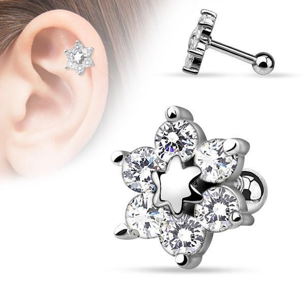 6 Gem Flower Cartilage Bar 16G-My Body Piercing Jewellery