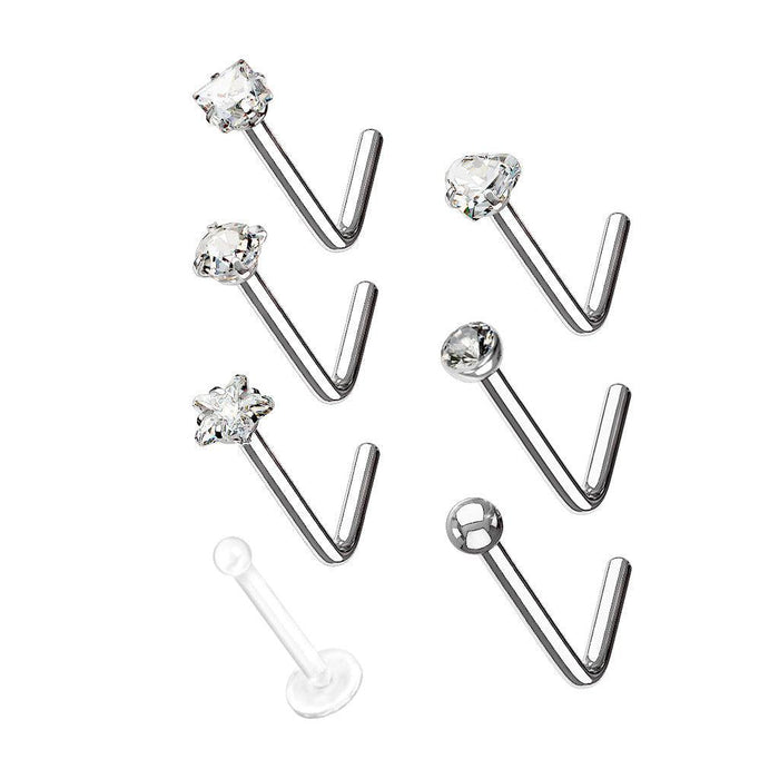 6pc Gem Nose L Bend and Retainer 20G