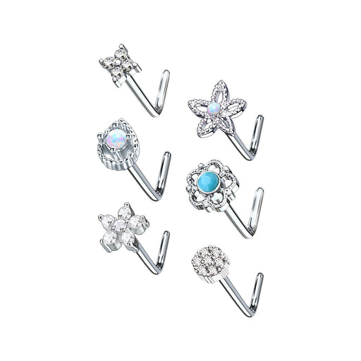 6pc Silver turquoise and opal L bend 20G nose stud set with retainer – Totally Pierced