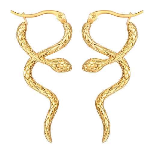 Gold snake-shaped earrings on a white background