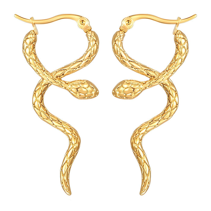 Gold snake-shaped earrings on a white background