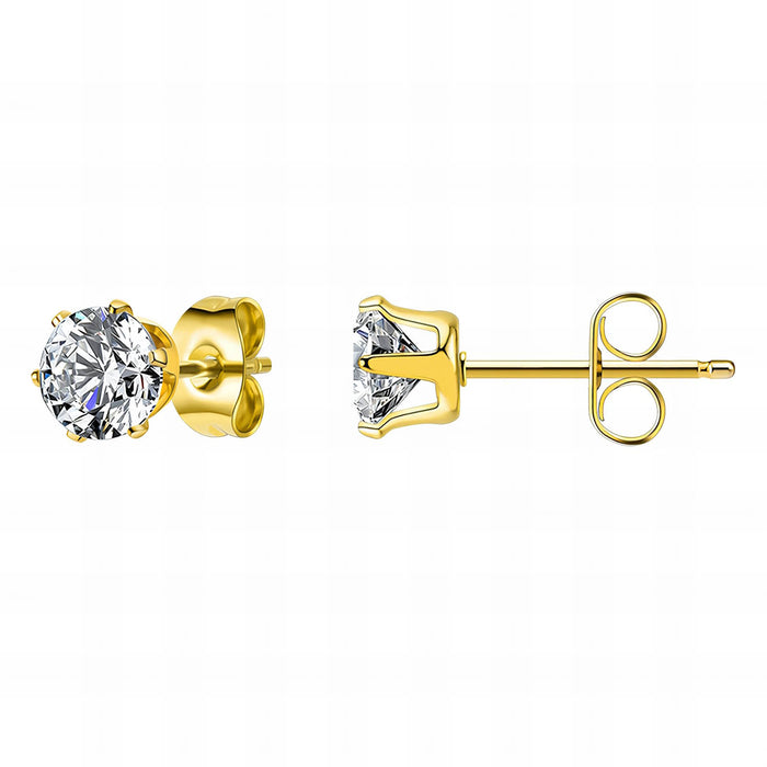 Gold stud earrings with clear gemstones on a white background