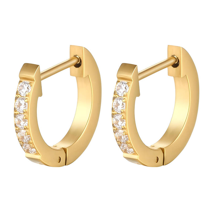 Gold hoop earrings with clear gemstones on a white background