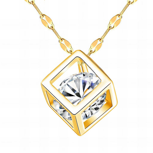 Gold necklace with a square pendant featuring a large crystal on a white background