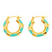 Gold hoop earrings with turquoise enamel on a white background