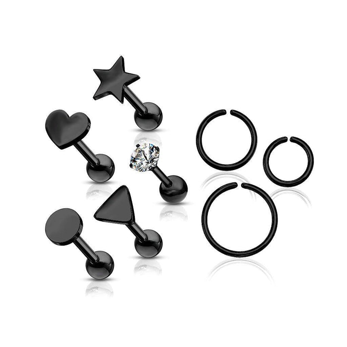 8pc Cartilage Bar and Ring Pack 16G