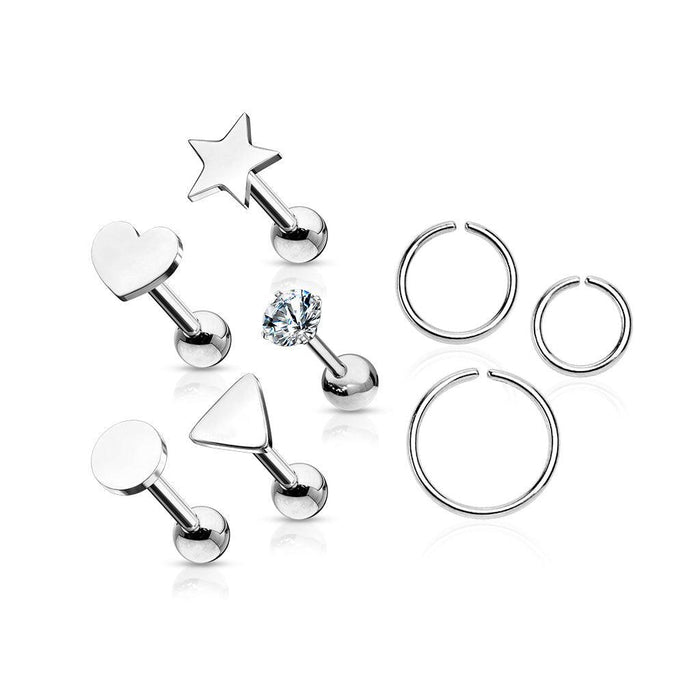 8pc Cartilage Bar and Ring Pack 16G