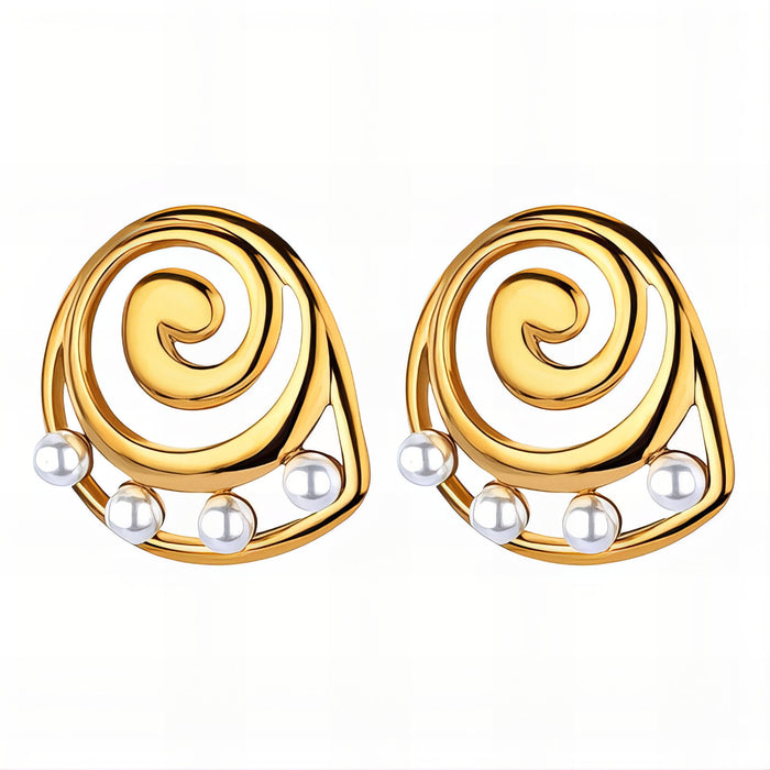 Gold spiral earrings with pearl accents on a white background