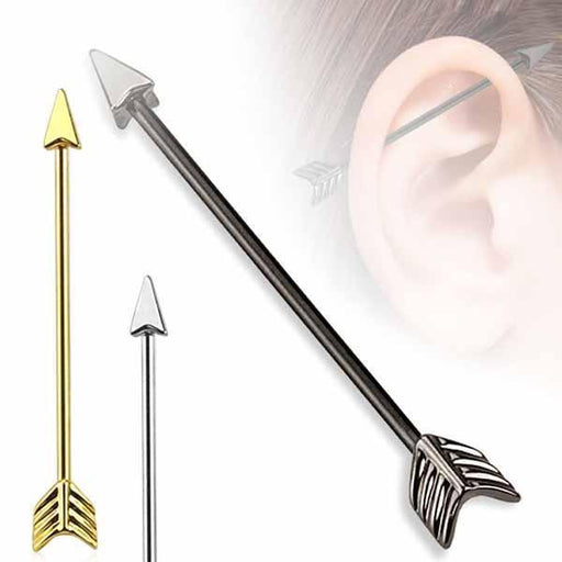 Three arrow-shaped industrial bars, one gold and one silver, with a blurred ear background.