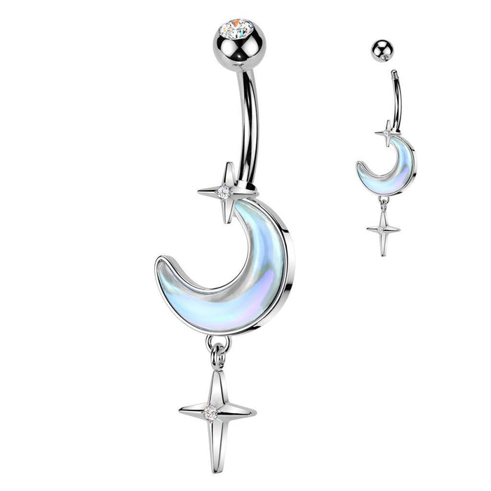 Aurora Moon Star Dangle Belly Bar 14G