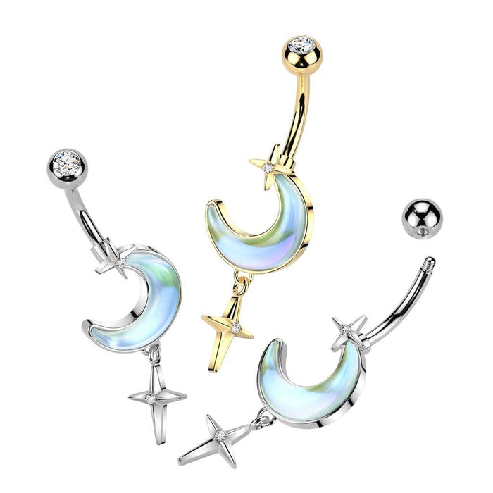 Aurora Moon Star Dangle Belly Bar 14G