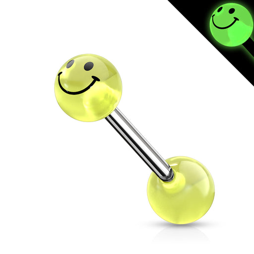Tongue barbell with smiley face design on a white background