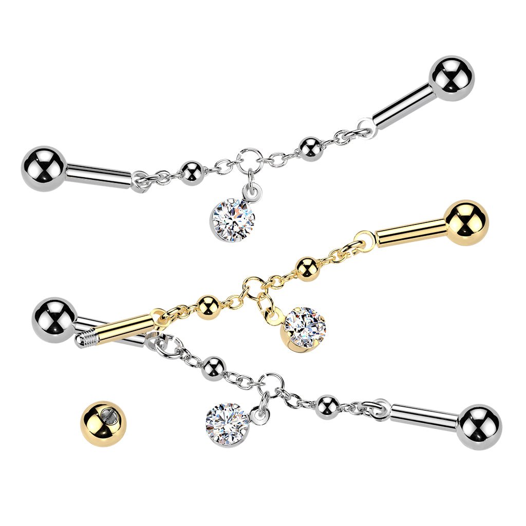 CZ Dangle Chain Industrial Barbell 14G | Totally Pierced
