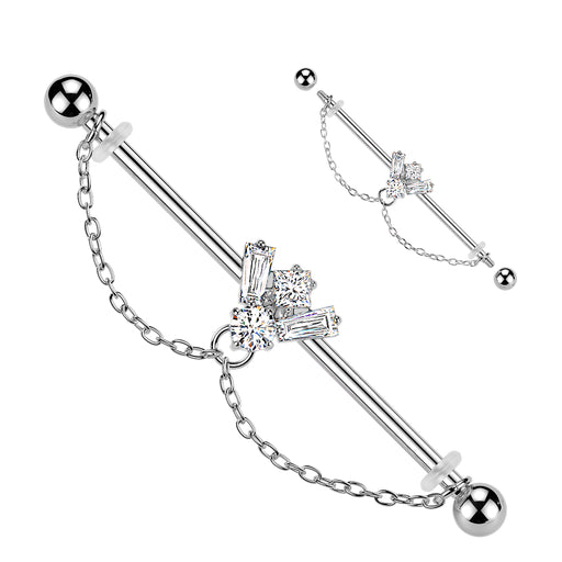 Gem Bee Chain Industrial Bar – Silver 316L Surgical Steel with CZ Gem Bee and Double Chain Loops for Industrial Piercings
