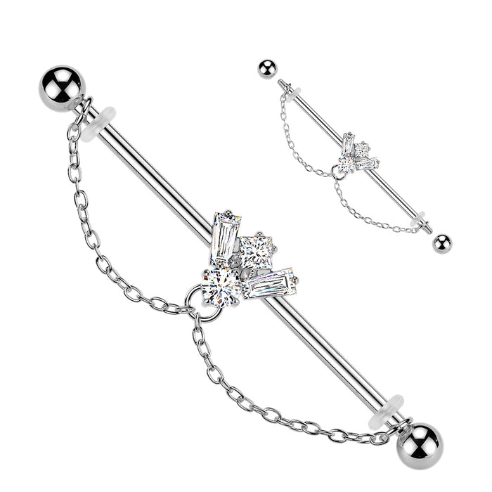 Gem Bee Chain Industrial Bar – Silver 316L Surgical Steel with CZ Gem Bee and Double Chain Loops for Industrial Piercings