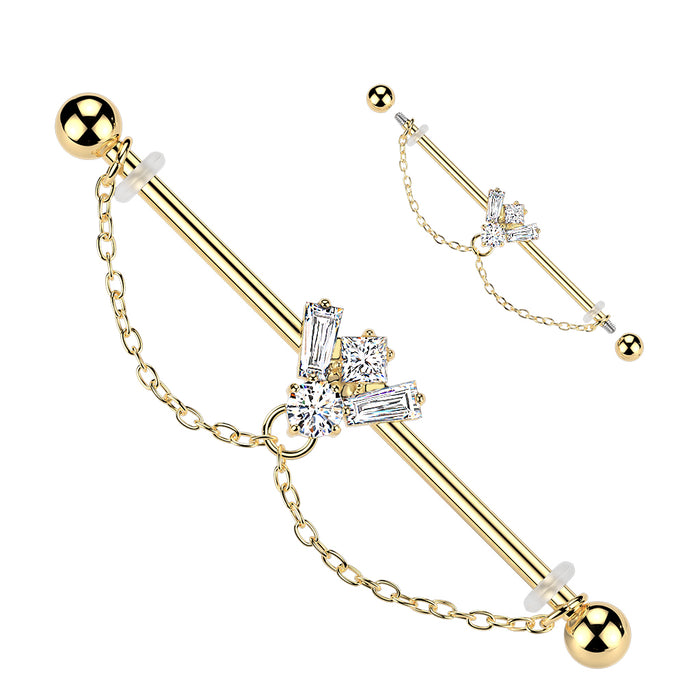 Gem Bee Chain Industrial Bar – Gold 316L Surgical Steel with CZ Gem Bee and Double Chain Loops for Industrial Piercings