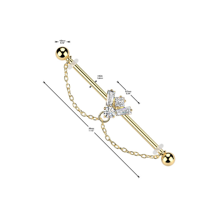 Gem Bee Chain Industrial Bar with measurements – Gold or Silver 316L Surgical Steel with CZ Gem Bee and Double Chain Loops for Industrial Piercings