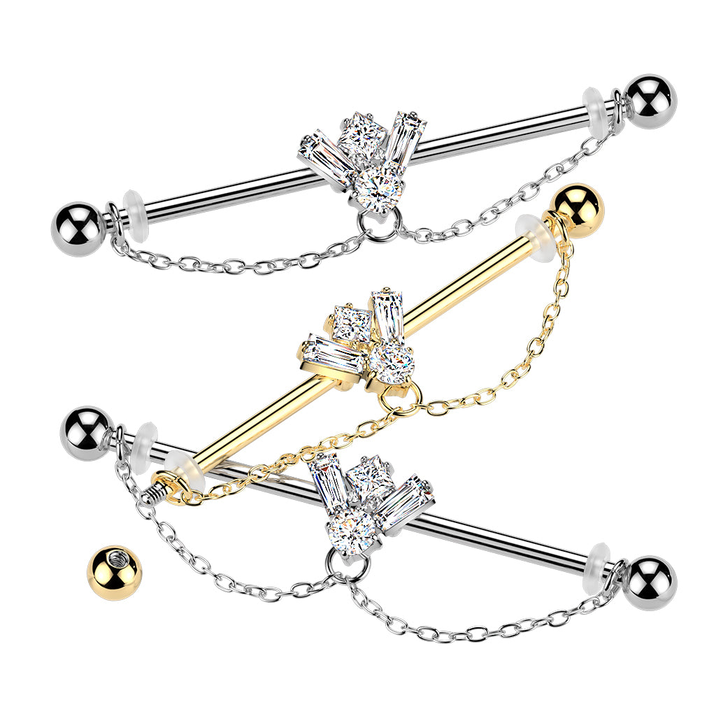 Gem Bee Chain Industrial Bar | Gold & Silver Piercing | Totally Pierced