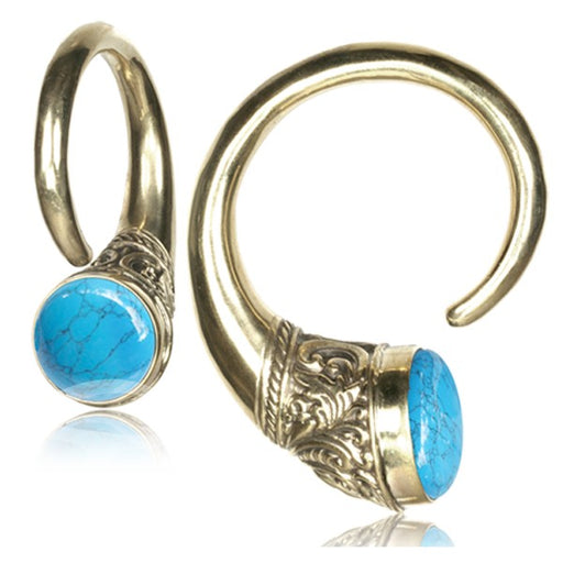 Brass Turquoise Ear Weights – Spiral Hook with Large Turquoise Stone and Filigree Detailing on white background