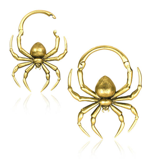 Brass Spider Ear Hanger Pair – Polished Brass Hinged Clicker Earrings with Large Spider Design on white background