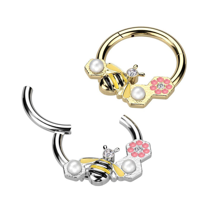 Bee and Flower Hinged Ring 16G