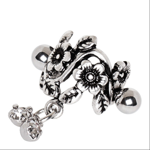 Flower Vine Cartilage Cuff – Antique Floral Stainless Steel Ear Cuff with Clear CZ Dangles on white background